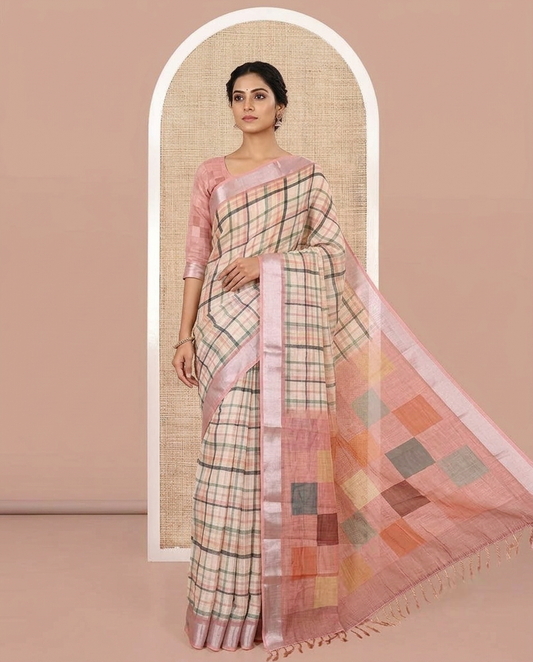 Yellow Linen Cotton Saree, Accentuated with Checked Design on Its Body, Complemented by a Contrast Zari Border, Multi-Color Checked Pallu, and Paired with a Contrast Blouse