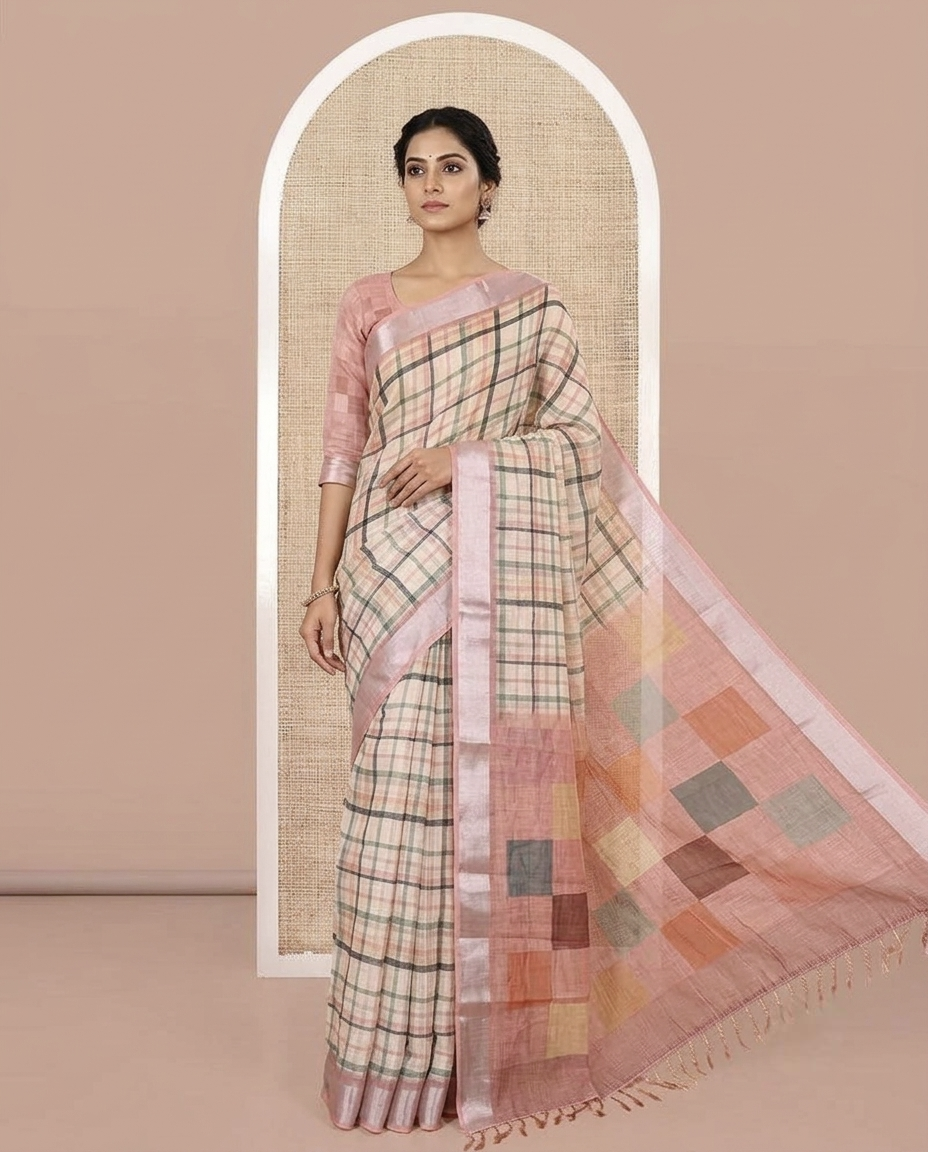 Yellow Linen Cotton Saree, Accentuated with Checked Design on Its Body, Complemented by a Contrast Zari Border, Multi-Color Checked Pallu, and Paired with a Contrast Blouse