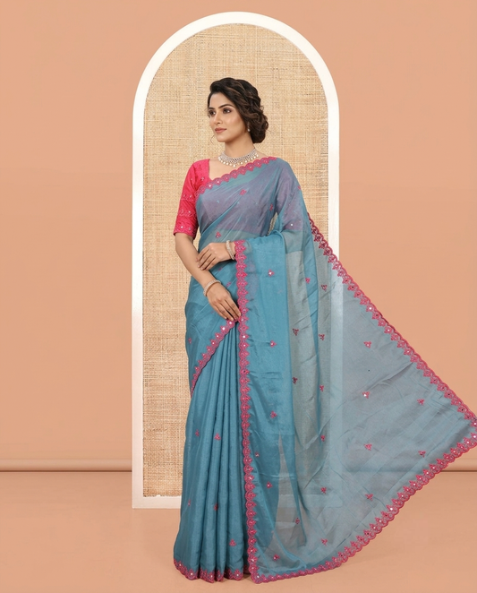 Blue Rangoli Chiffon Saree, Crafted with Thread and Mirror Work Buttas on Its Body, Subtle Scallop Embroidered Border, Embroidered Pallu, and Paired with a Contrast Mirror Work Blouse