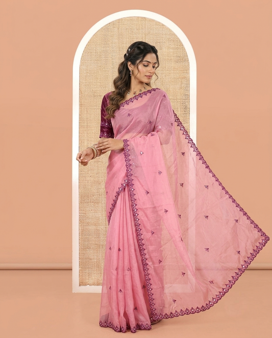 Dusty Pink Rangoli Chiffon Saree, Beautified with Thread and Mirror Work Buttas on Its Body, Subtle Scallop Embroidered Border, Embroidered Pallu, and Paired with a Contrast Mirror Work Blouse