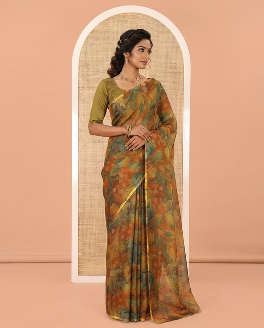 Borderless Mustard Light-Weight Chiffon Saree, Beautifully Bedecked with Floral Print on Its Body, a Self-Pallu, and Comes Without a Blouse