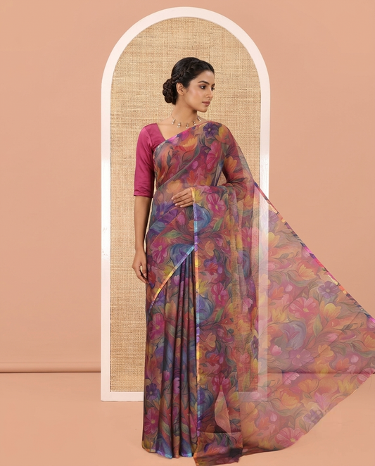 Borderless Violet Light-Weight Chiffon Saree, Beautifully Highlighted by with Floral Print on Its Body, a Self-Pallu, and Comes Without a Blouse