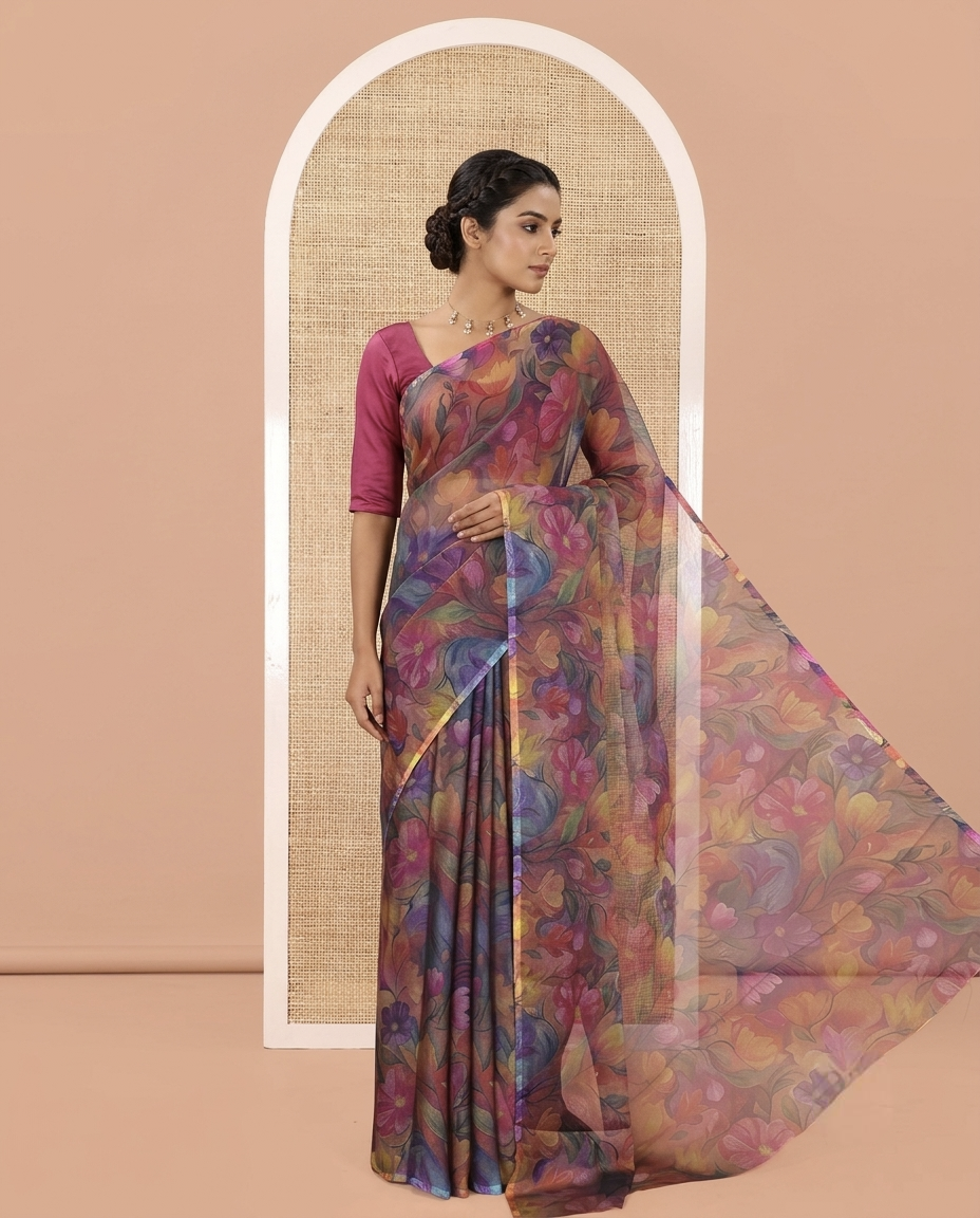 Borderless Violet Light-Weight Chiffon Saree, Beautifully Highlighted by with Floral Print on Its Body, a Self-Pallu, and Comes Without a Blouse