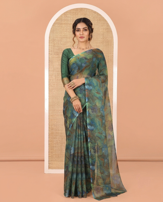Borderless Rama Light-Weight Chiffon Saree, Beautifully Decked up with Floral Print on Its Body, a Self-Pallu, and Comes Without a Blouse