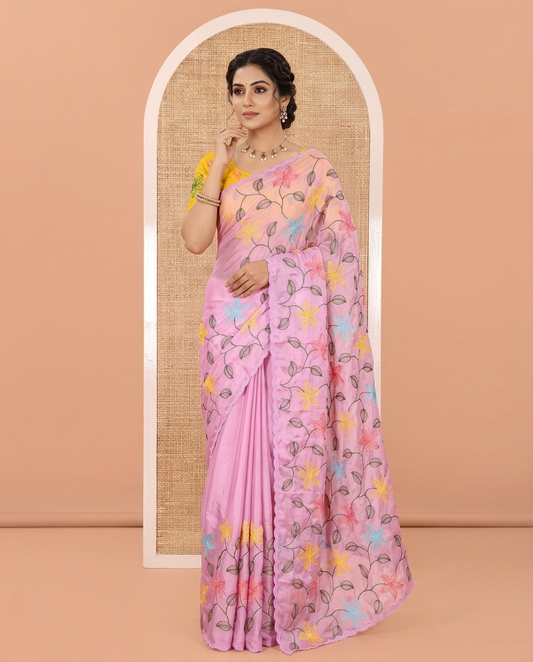 Lavender Rangoli Chiffon Saree, Finely Crafted with Multi-Color Floral Vine Embroidery on Its Body, Floral Embroidered Pallu, and Contrast Floral Embroidered Blouse