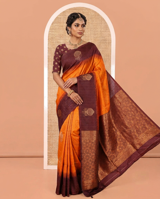 Rust Orange Art Soft Silk Saree, Enriched with Vaira Oosi Stripes, and Zari Buttas All Over Its Body,  Complemented by a Contrast Zari Design Border, an Intricately Designed Pallu, and Paired with a Contrast Blouse