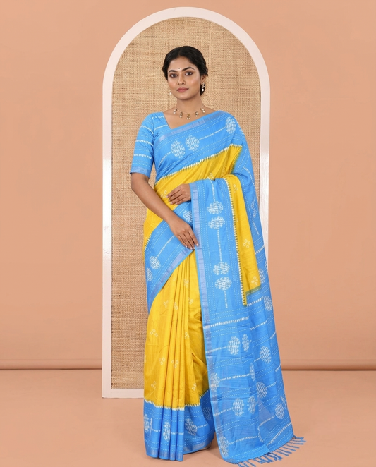 Yellow Manipuri Silk Saree, Adorned with Bandhani Buttas on Its Body, Complemented by a Contrast Border of Shibori Print and Kantha Thread Work, Pallu of Shibori Print, and Paired with a Contrast Blouse