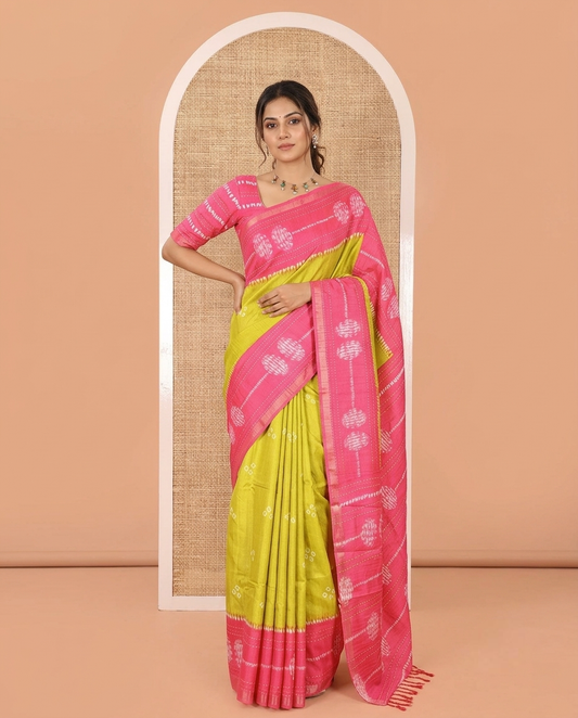 Green Manipuri Silk Saree, Elevated with Bandhani Buttas on Its Body, Complemented by a Contrast Border of Shibori Print and Kantha Thread Work, Pallu of Shibori Print, and Paired with a Contrast Blouse