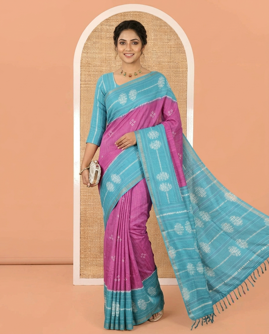 Magenta Manipuri Silk Saree, Ornamented with Bandhani Buttas on Its Body, Complemented by a Contrast Border of Shibori Print and Kantha Thread Work, Pallu of Shibori Print, and Paired with a Contrast Blouse