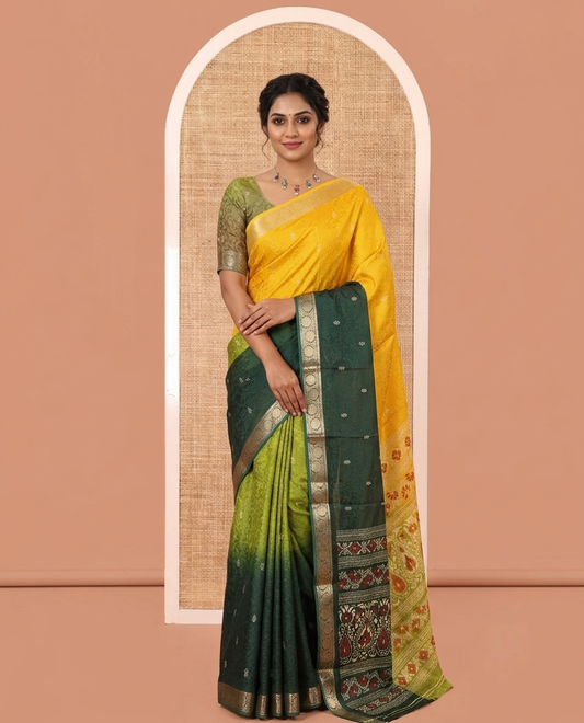 Yellow-Green Candy Chiffon Saree Features Ombre Dye and Embossed Texture, Floral Creeper Border, Intricate Pallu, Contrast Blouse
