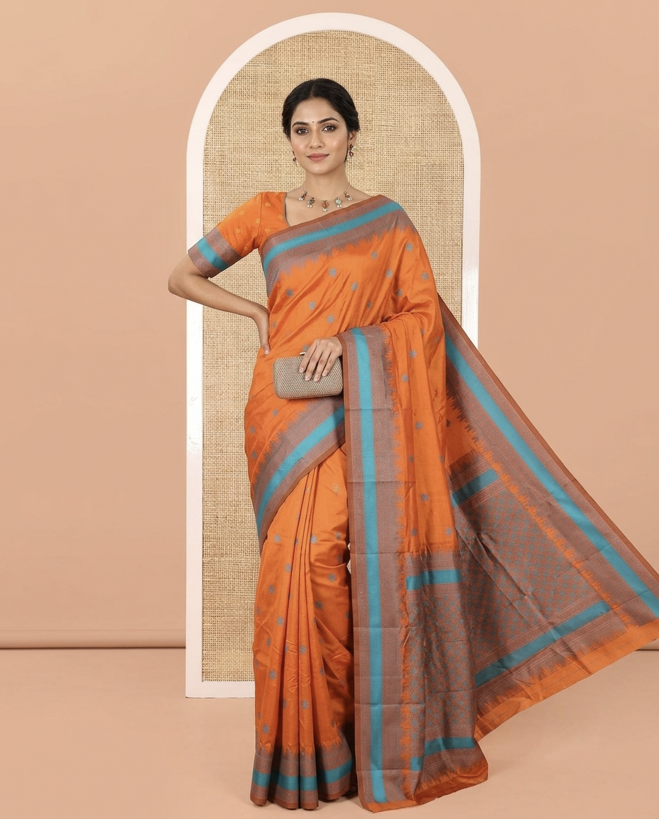 Rust Orange Art Silk Saree, Woven with Floral Thread Buttas All Over Its Body, Complemented by a Contrast Border of Temple Traditional Motifs, Jaal Pallu, and Paired with a Matching Blouse