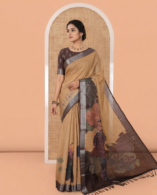 Mustard Linen Cotton Saree, Adorned with Tropical Floral Print on Its Body, Complemented by a Contrast Plain Border, Floral Printed Pallu, and Paired with a Contrast Blouse