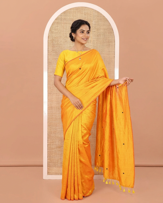 Borderless Mustard Vichitra Silk Saree, Gleamed Up with Sequin Work on Its Body, Highlighted by a Self-Pallu of Sequin Work, and Paired with a Matching Blouse