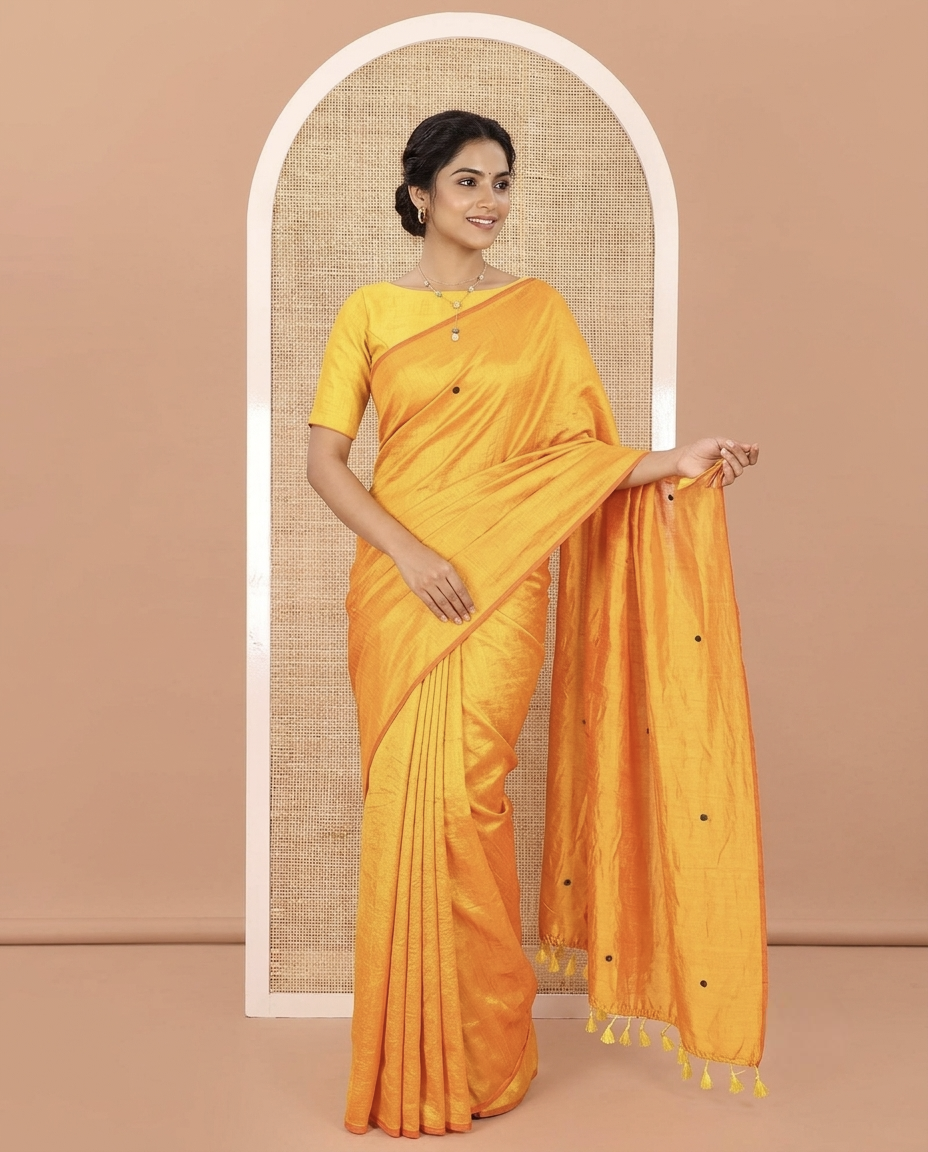 Borderless Mustard Vichitra Silk Saree, Gleamed Up with Sequin Work on Its Body, Highlighted by a Self-Pallu of Sequin Work, and Paired with a Matching Blouse