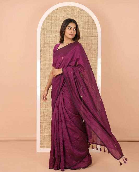 Borderless Wine Vichitra Silk Saree, Gleamed Up with Sequin Work on Its Body, Highlighted by a Self-Pallu of Sequin Work, and Paired with a Matching Blouse