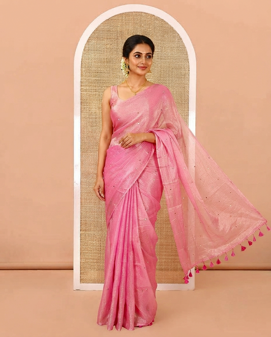 Borderless Pink Fendy Chiffon Saree, Gleamed Up with Sequin Work on Its Body, Highlighted by a Self-Pallu of Sequin Work, and Paired with a Matching Blouse