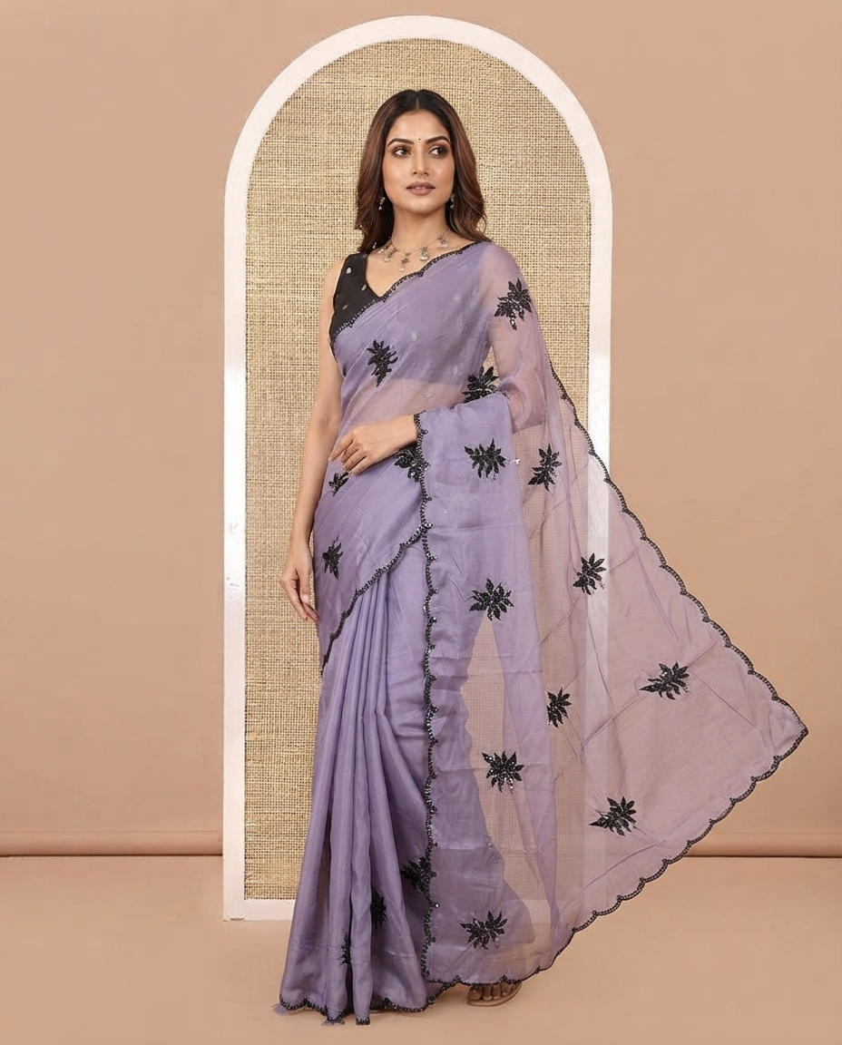 Lavender Rangoli Chiffon Saree, Finely Crafted with Floral Embroidery Motifs on Its Body, Scallop Embroidered Border, Embroidered Pallu, and Paired with a Contrast Blouse