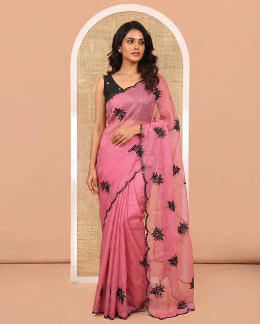 Pink Rangoli Chiffon Saree, Finely Crafted with Floral Embroidery Motifs on Its Body, Scallop Embroidered Border, Embroidered Pallu, and Paired with a Contrast Blouse