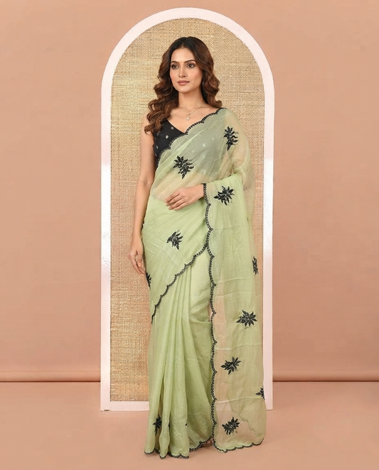 Green Rangoli Chiffon Saree, Finely Crafted with Floral Embroidery Motifs on Its Body, Scallop Embroidered Border, Embroidered Pallu, and Paired with a Contrast Blouse