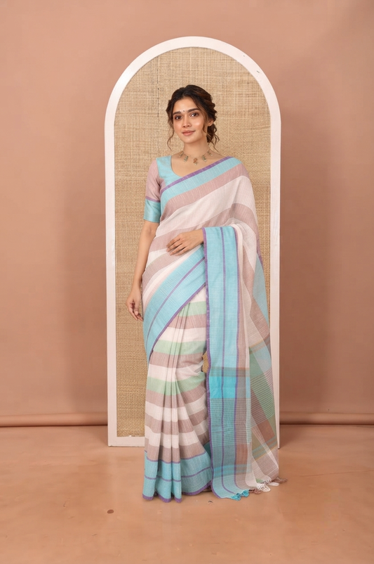 Off-White and Brown Chettinad Cotton Saree, Adorned with Stripes All Over Its Body, Complemented by a Contrast Border, Pallu of Stripes, and Has No Blouse