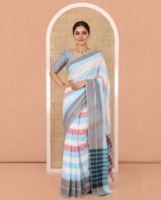 Off-White and Blue Chettinad Cotton Saree, Steeped with Stripes All Over Its Body, Complemented by a Contrast Plain Border, Pallu of Stripes, and Has No Blouse