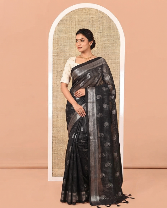 Black Vichitra Silk Saree Features Checks and Paisley Buttas, Highlighted by a Traditional Zari Border and Contrast Embroidered Blouse