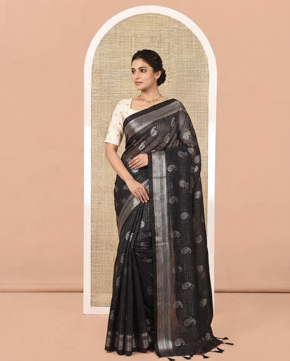 Black Vichitra Silk Saree Features Checks and Paisley Buttas, Highlighted by a Traditional Zari Border and Contrast Embroidered Blouse