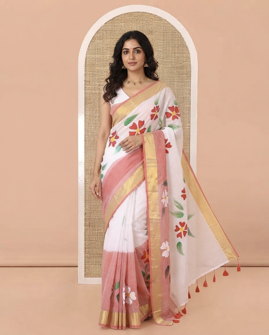 White and Peach  Khadi Mul Cotton Saree, Adorned with Hand-Brush Painting-Style Floral Block Printed Body, a Subtle Gold Zari Border, a Self-Pallu, and Paired with a Matching Blouse