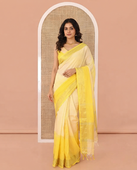 Yellow Khadi Mul Cotton Saree, Adorned with Half-And-Half-Style Double-Colour Dyed on Its Body, a Subtle Zari Border, Striped Pallu, and Paired with a Matching Blouse