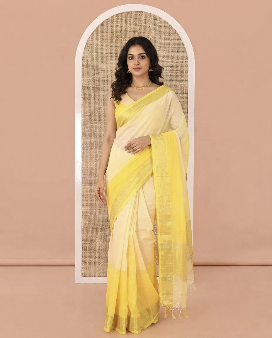 Yellow Khadi Mul Cotton Saree, Adorned with Half-And-Half-Style Double-Colour Dyed on Its Body, a Subtle Zari Border, Striped Pallu, and Paired with a Matching Blouse