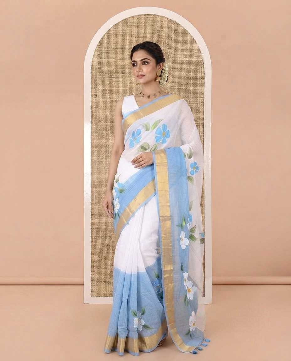 White and Blue Khadi Mul Cotton Saree, Adorned with Hand-Brush Painting-Style Floral Block Printed Body, a Subtle Gold Zari Border, a Self-Pallu, and Paired with a Matching Blouse