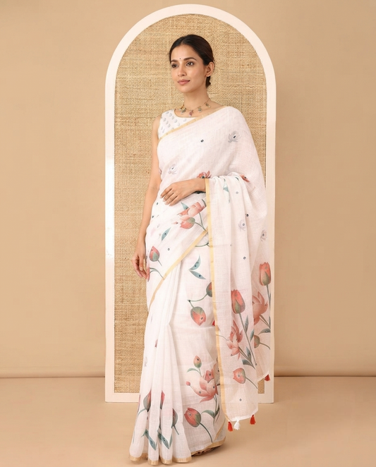 White Linen Cotton Saree, Prettified with Lotus Print and Mirror Work, a Piping Border, and a Matching Blouse
