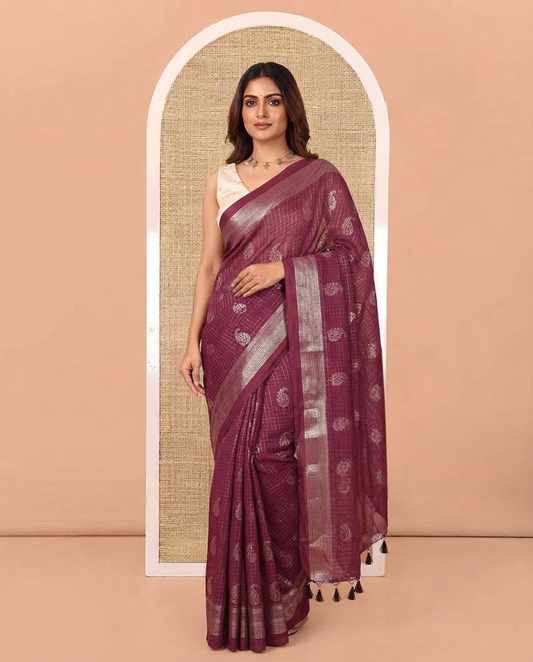 Purple Vichitra Silk Saree Features Checks and Paisley Buttas, Highlighted by a Traditional Zari Border and Contrast Embroidered Blouse