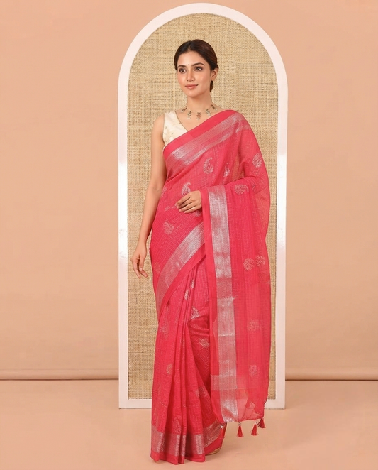 Rani Pink Vichitra Silk Saree Features Checks and Paisley Buttas, Highlighted by a Traditional Zari Border and Contrast-Embroidered Blouse