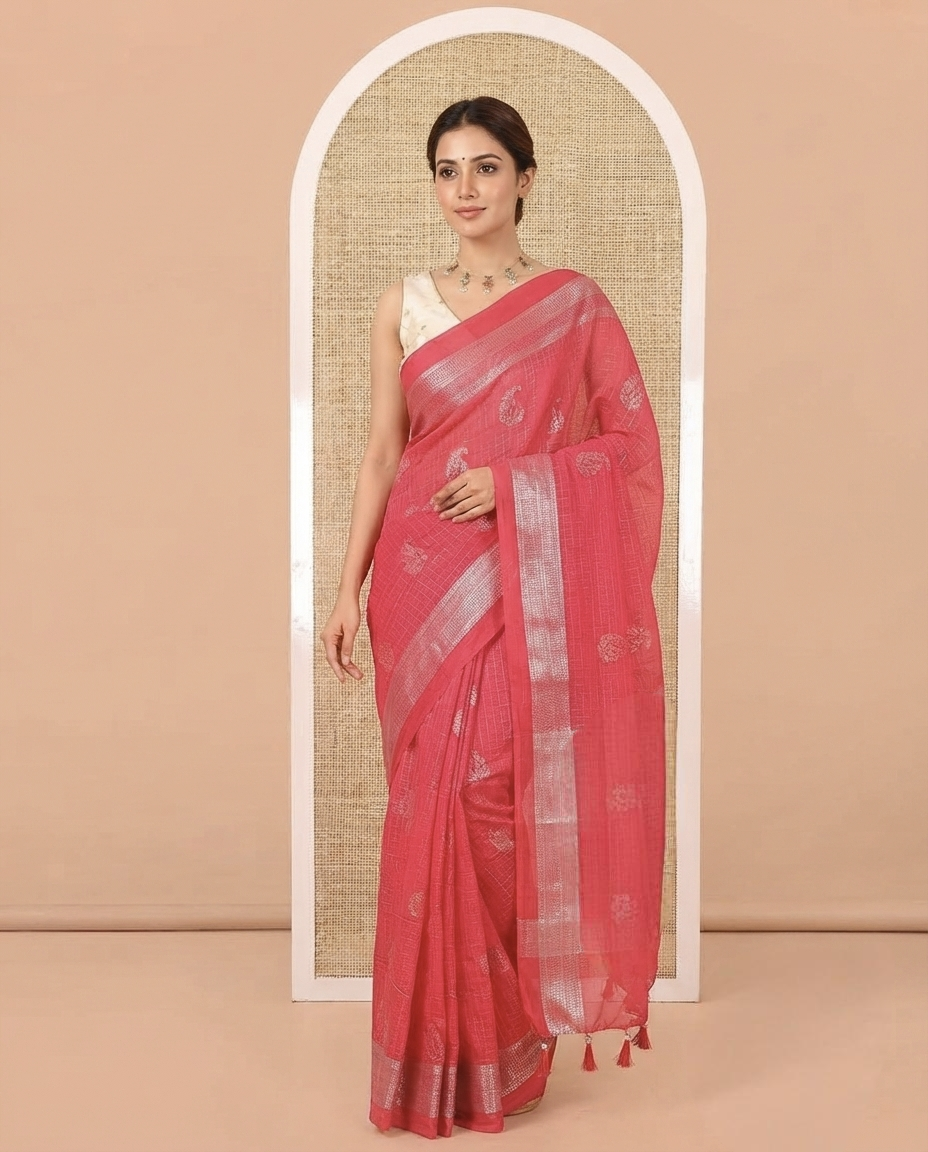 Rani Pink Vichitra Silk Saree Features Checks and Paisley Buttas, Highlighted by a Traditional Zari Border and Contrast-Embroidered Blouse