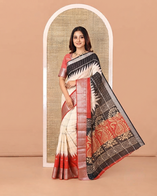 Off-White Fancy Georgette Saree, Subtly Enriched with Zari Designs, Complemented by a Contrast Ganga-Jamuna Zari Temple Border of Traditional Designs, Pallu of Paisleys, and Paired with a Contrast Blouse