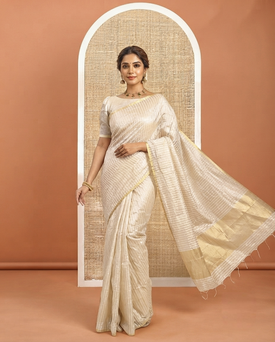 Borderless Off-white Tissue Saree, Richly Detailed with Vertical Golden Zari Stripes All Over Its Body, Highlighted by Gleaming Zari Striped Pallu, and Paired with a Matching Blouse