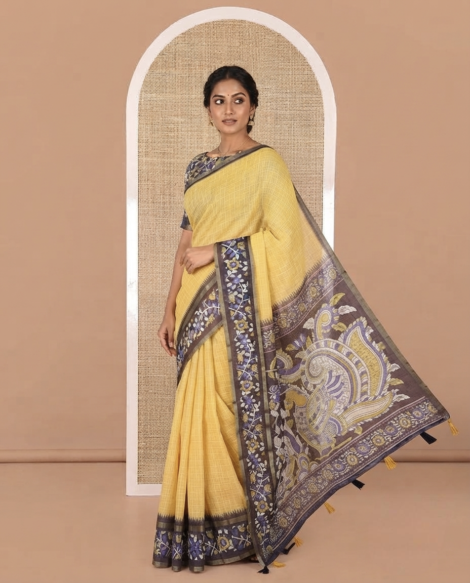 Yellow Linen Cotton Saree, Subtly Printed With Checked Design On Its Body, Complemented by Contrast Border of Kalamkari-Style Floral Vine Print, Pallu of Kalamkari Peacock Print, and Paired with a Contrast Blouse