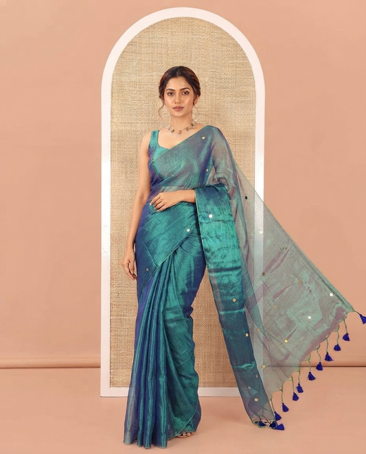 Borderless Rama Khadi Tissue Silk Saree, Enriched with Sequins On Its Body, a Self-Pallu and Paired with a Matching Blouse