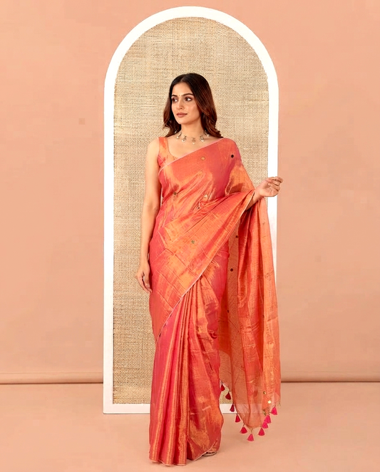 Borderless Pink Khadi Tissue Silk Saree, Subtly Sparkled with Sequins On Its Body, a Self-Pallu and Paired with a Matching Blouse