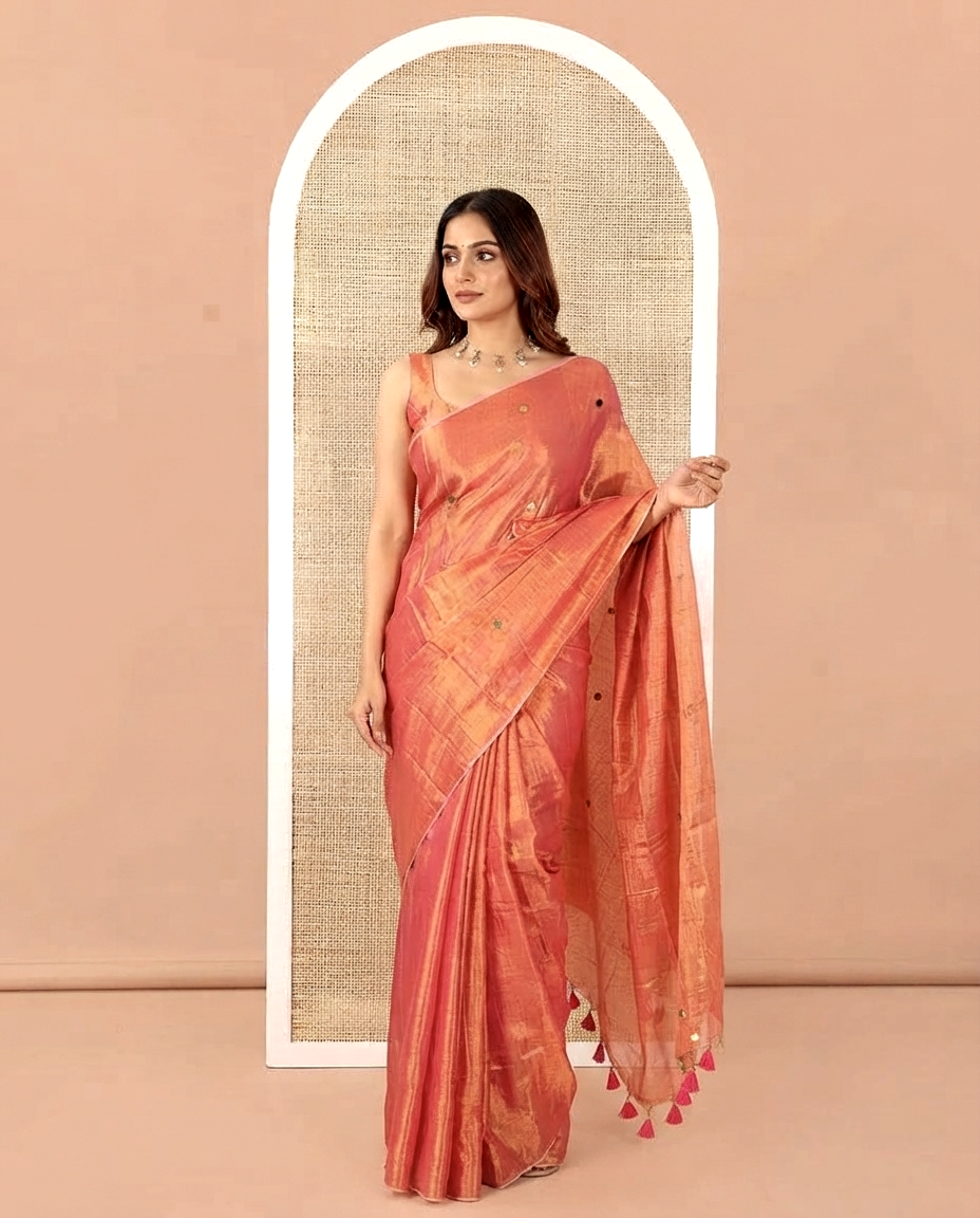 Borderless Pink Khadi Tissue Silk Saree, Subtly Sparkled with Sequins On Its Body, a Self-Pallu and Paired with a Matching Blouse