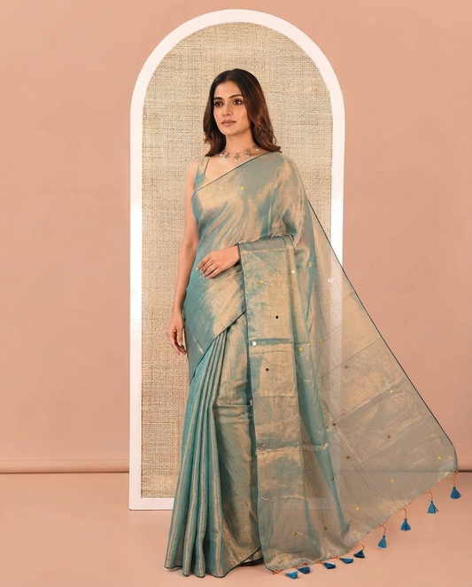 Borderless Olive Khadi Tissue Silk Saree, Accentuated with Sequins On Its Body, a Self-Pallu and Paired with a Matching Blouse