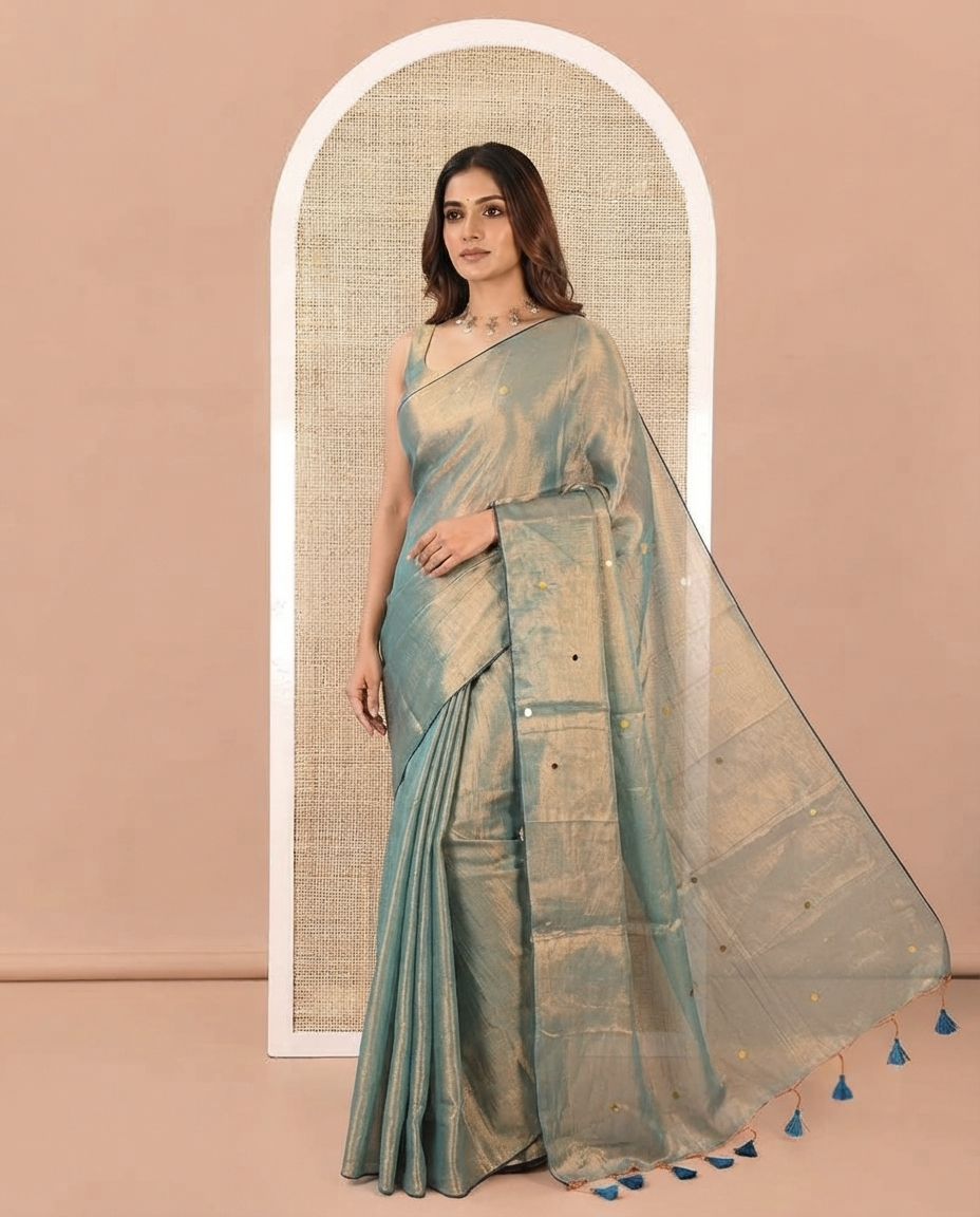 Borderless Olive Khadi Tissue Silk Saree, Accentuated with Sequins On Its Body, a Self-Pallu and Paired with a Matching Blouse