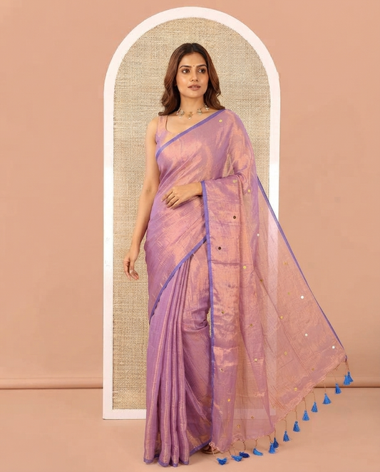Borderless Lavender Khadi Tissue Silk Saree, Elevated with Sequins On Its Body, a Self-Pallu and Paired with a Matching Blouse