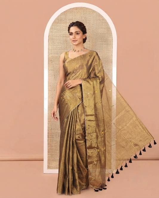 Borderless Leaf Green Khadi Tissue Silk Saree, Entralled with Sequins On Its Body, a Self-Pallu and Paired with a Matching Blouse