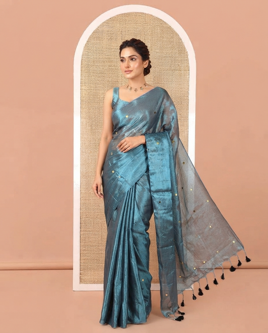 Borderless Blue Khadi Tissue Silk Saree, Adorned with Sequins On Its Body, a Self-Pallu and Paired with a Matching Blouse