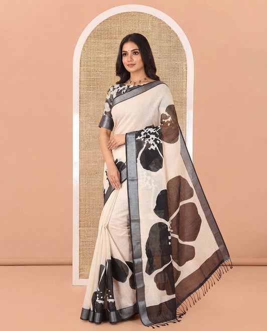 Cream Linen Cotton Saree, Beautified with Big Floral Prints On Its Body, Complemented by Contrast Zari Bavanji Border, Floral Printed Pallu, and Paired with a Hand Block Printed Blouse