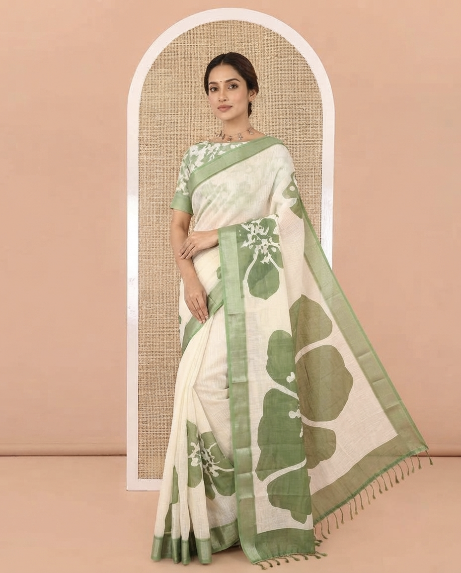 Lemon Yellow Linen Cotton Saree, Prettified with Big Floral Prints On Its Body, Complemented by Contrast Zari Bavanji Border, Floral Printed Pallu, and Paired with a Hand Block Printed Blouse