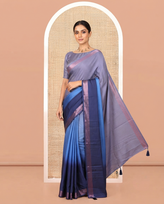 Navy Blue Ombre Plain Satin Crepe Saree, Subtle Zari Border, Plain Pallu, and Comes without a Blouse