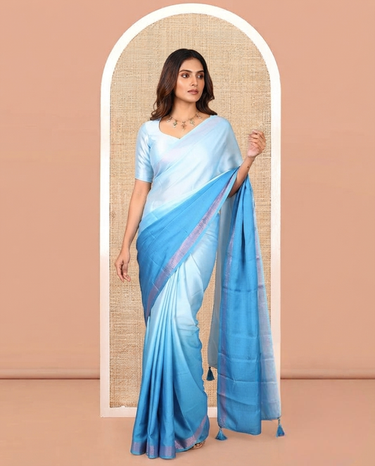 Blue Ombre Plain Satin Crepe Saree, Subtle Zari Border, Plain Pallu, and Comes without a Blouse